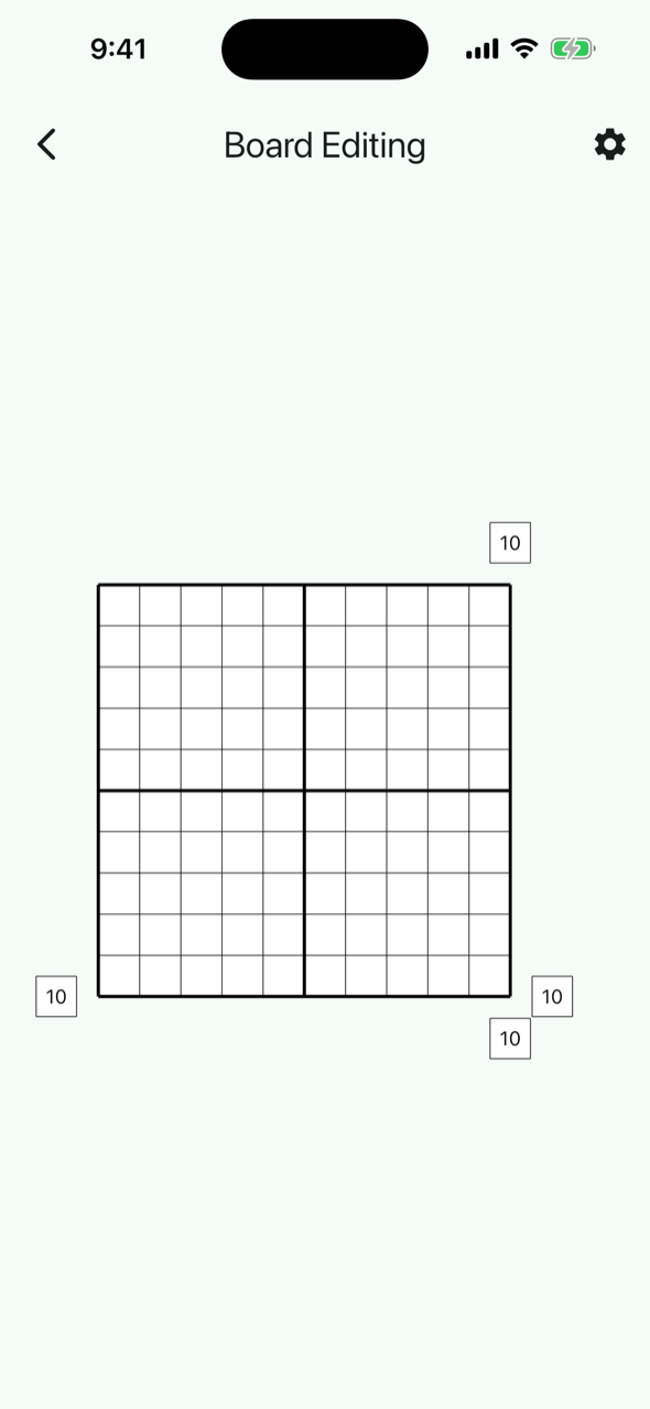 Board editing screen showing only the board grid, with a gear icon at the top right