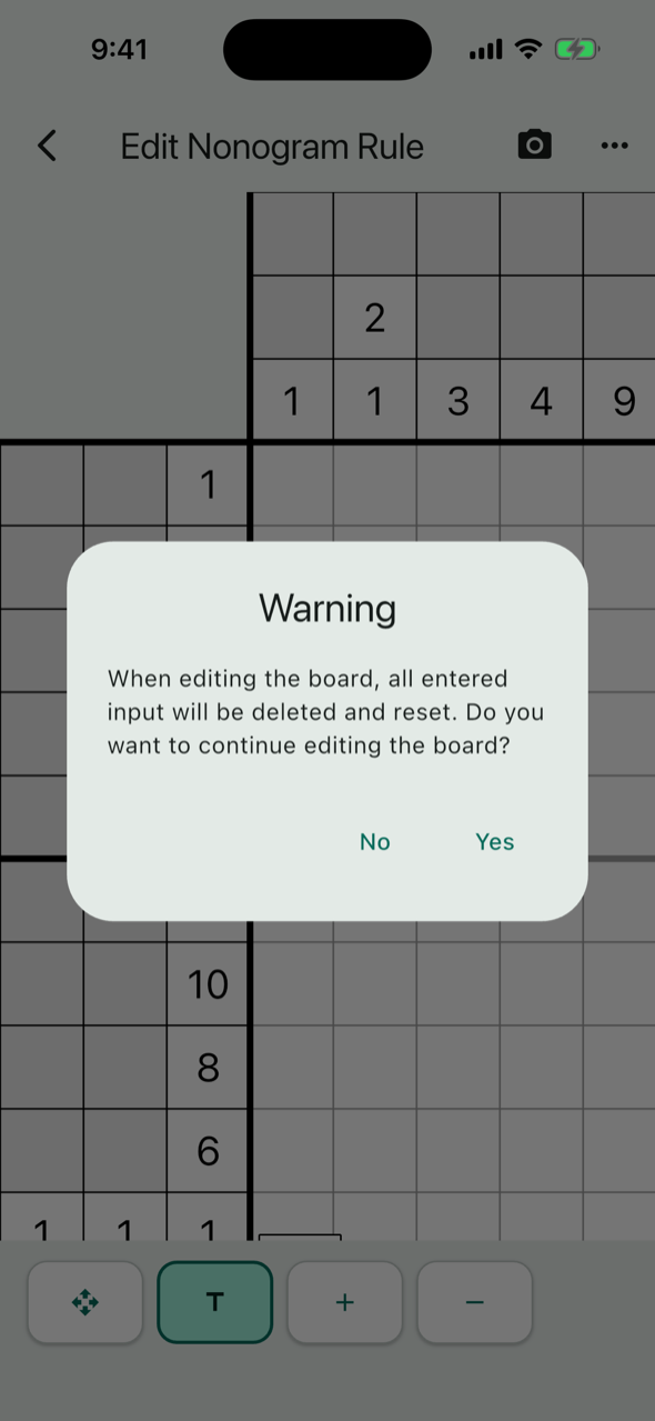 Board edit warning dialog: when editing the board, all entered input will be deleted and reset