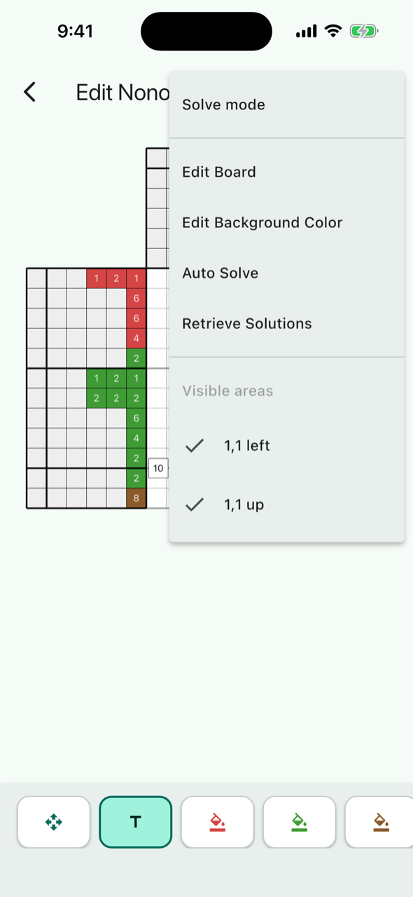 The menu at the top right of the clue editor: Solve mode, Edit Board, Edit Background Color, Auto Solve, Visible areas