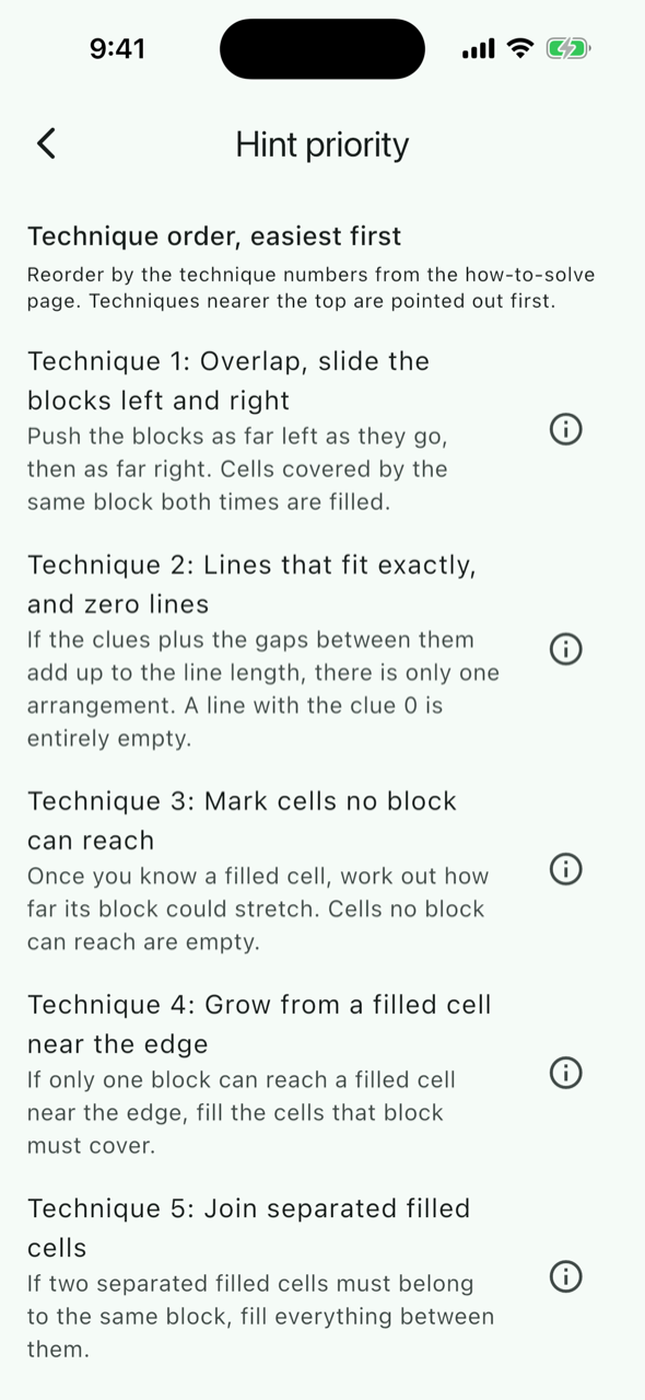 Hint priority screen. Techniques 1 to 13 are listed in order and can be reordered by dragging (top of the list shown)