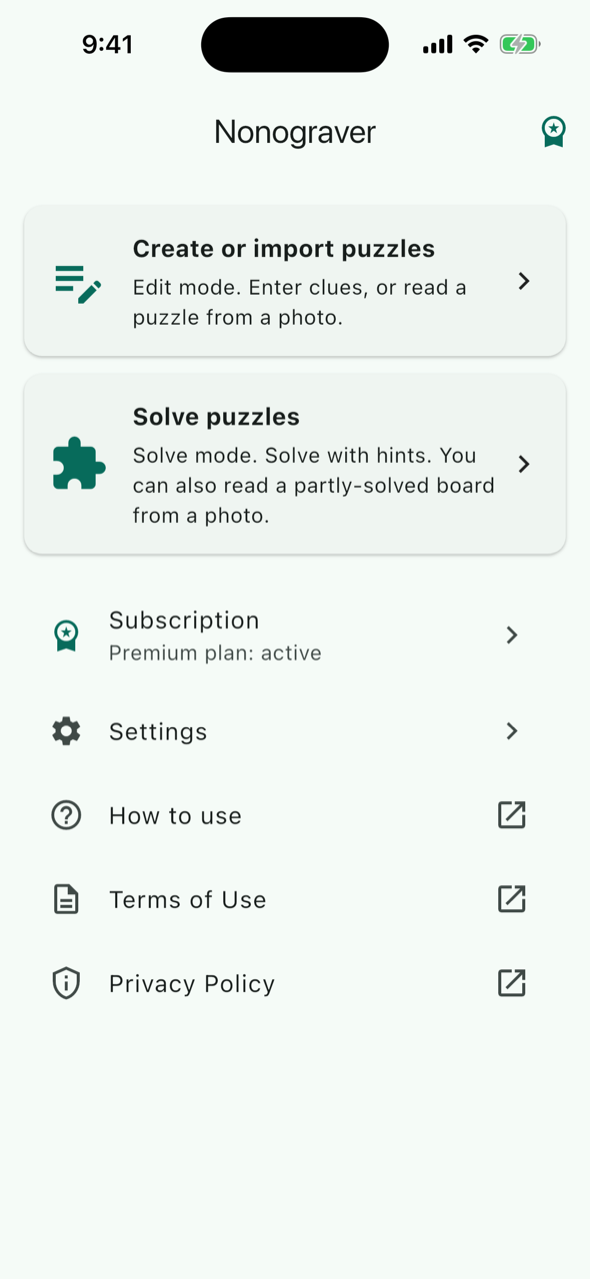 Home screen. Cards for Create or import puzzles and Solve puzzles, followed by rows for Subscription, Settings, How to use, Terms of Use and Privacy Policy