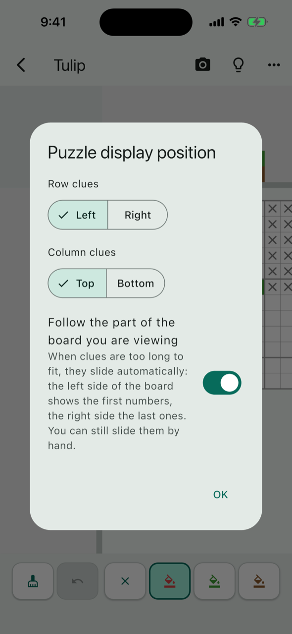 Puzzle display position dialog. Row clues left or right, column clues top or bottom, and a switch to follow the part of the board you are viewing
