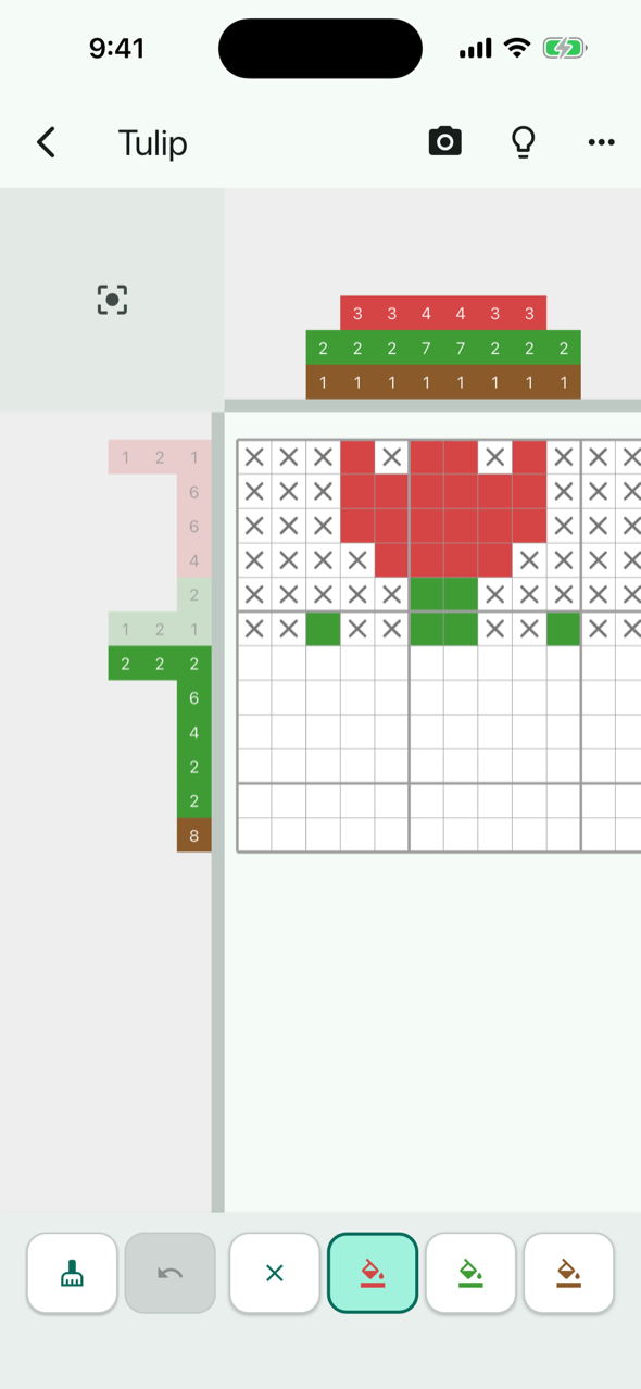 Solve mode. Clues are pinned to the left of and above the board, which has filled cells and X marks; erase, undo, X and color buttons at the bottom
