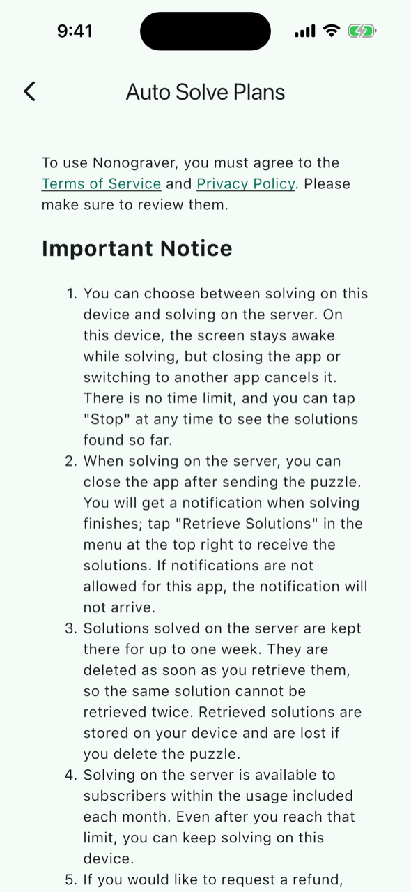 Top of the Auto Solve Plans screen: important notice and subscription description